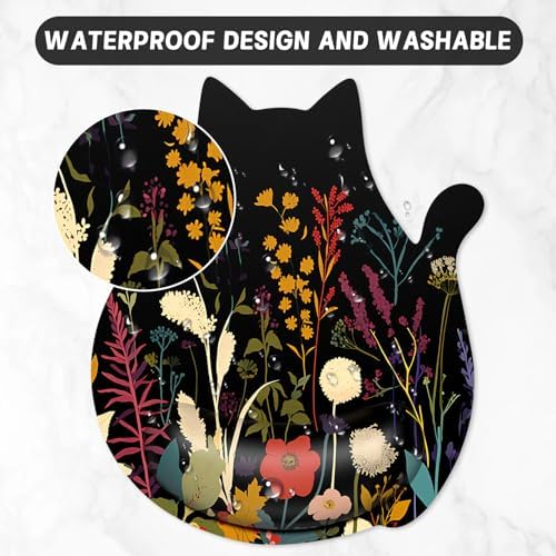 Ergonomic Mouse Pad with Wrist Rest, Cute Cat Memory Foam Padded Pain Relief Non-Slip Wrist Support Mouse Mat for Gaming Work Computer Laptop, Funny Office Supplies Desk Accessory, Plants