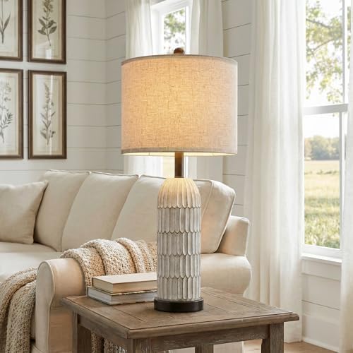 OYEARS 26.5" Bedside Table Lamps Set of 2, Farmhouse Table Lamp with USB A+C Charging Ports,Vintage Nightstand Lamp for Bedrooms and Living Rooms, Retro Resin End Table Lamp with Linen Shade,Black