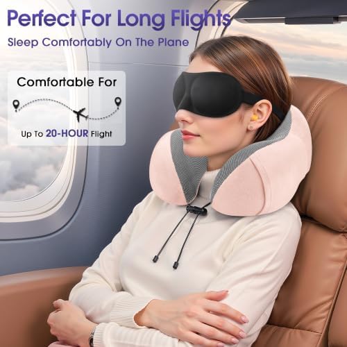 CloudBliss Neck Pillow for Airplanes, Memory Foam Travel Pillow, Pink