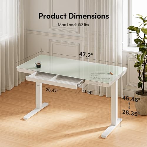 FEZIBO 48 Inch One-Piece Standing Desk with Glass Top and Drawer, White