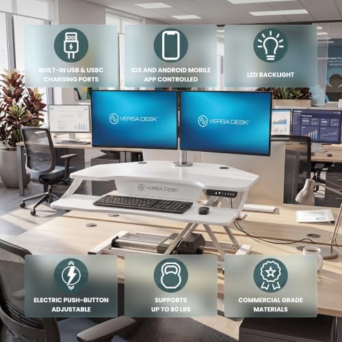 VERSADESK PowerPro Elite 36” x 31” Smart Corner Standing Desk Converter | Mobile App Adjustable Sit-Stand Desk Riser w/Keyboard Tray & USB & USBC Ports | for Home or Office - White