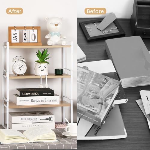 YGYQZ Desk Shelf Organizer for Top of Desk, 3-Tier Desktop Bookshelf, White & Wood