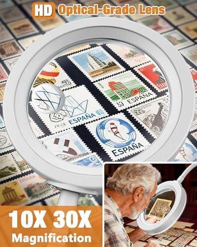 30X 10X Magnifying Glass with Light and Stand, 5 Color Modes Stepless Dimmable, Optical Grade HD Lens, LED Lighted Magnifier Hands Free with 16in Flexible Gooseneck for Close Work - White