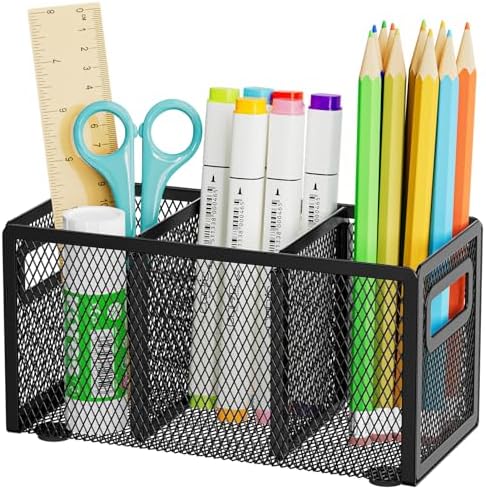Marbrasse Mesh Pen Holder for Desk, Pencil Holder Desk Organizer 3 Adjustable Compartments, Pencil Cup with Handle Perfect for Classroom, Office, Home, Makeup, Art (Black)