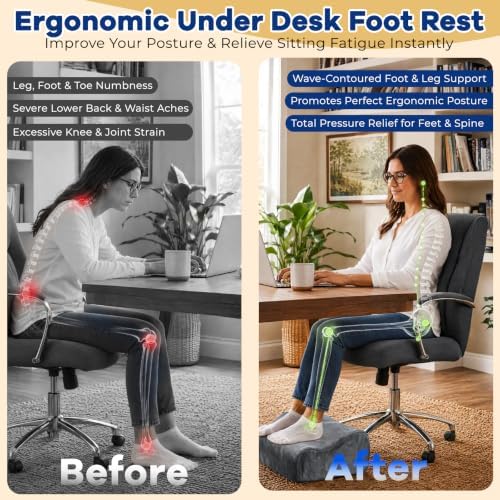 Foot Rest for Under Desk at Work, Ergonomic 2-in-1 Footrest Stool with 3 Adjustable Heights, Wave Contoured Foam Leg & Feet Support Cushion with Washable Velvet Cover for Office Chair, Gaming, Car