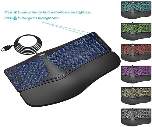 Arteck Split Ergonomic Keyboard with Palm Rest, USB Wired Backlit Keyboard