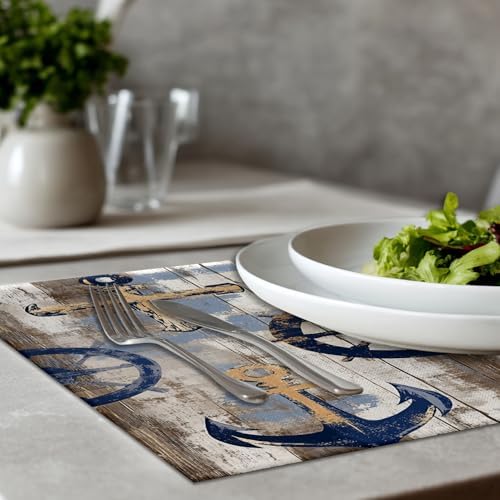 Seafaring Maritime Elements Linen Placemats, Ocean Inspired Coastal Vibes Table Mats for Table Washable Heat Insulation Thick Dining Mat, Indoor/Outdoor 12X18 in 6 Pcs