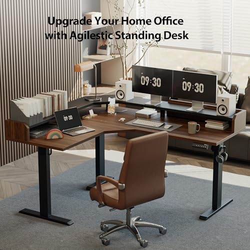 Agilestic 63 Inch L Shaped Electric Standing Desk with Shelf, Dark Walnut