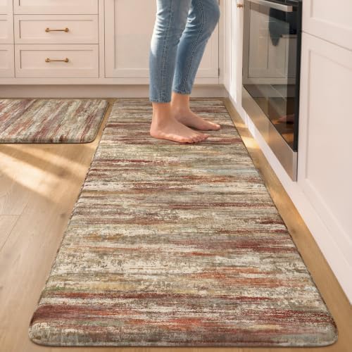 KIMODE Anti Fatigue Kitchen Mats for Floor 2 Piece,Red Brown Farmhouse Rugs