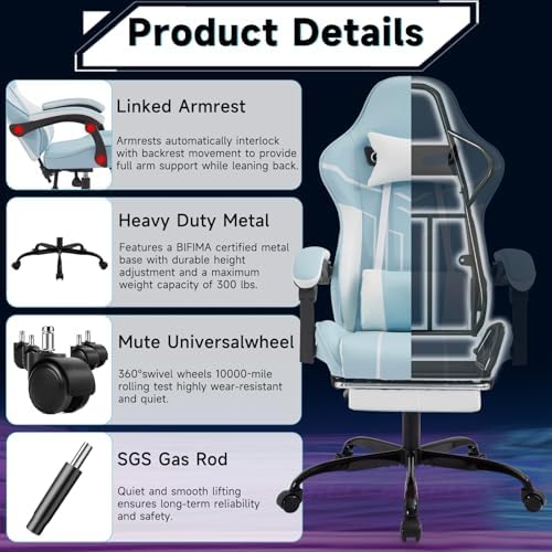 Blue Ergonomic Gaming Chair for Adults with Footrest and Massage