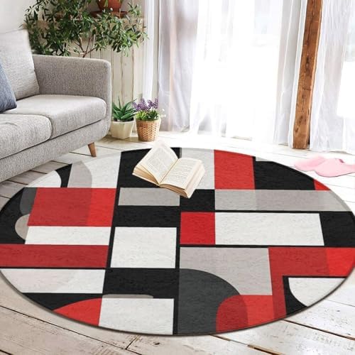 Fashion Round Area Rug Large Non Slip Carpet, Red Black Grey White Art Unisex Home Decor Mat