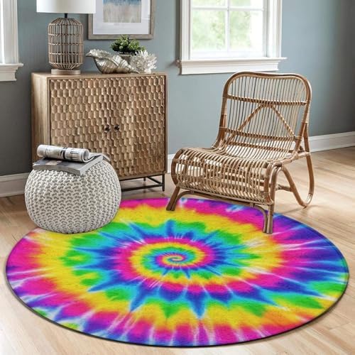 Fashion Round Area Rug Large Non Slip Carpet Unisex Home Decor Mat Red Blue Yellow Spiral Tie Dye Rainbow