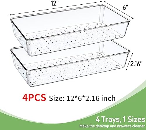 4PCS Clear Plastic Drawer Organizer Tray, 12'' Large Acrylic Vanity Bathroom Drawer Organizers Trays, Desk Drawer Organizer Bins for Cosmetics, Makeup, Kitchen, Office, Junk Drawer Organization