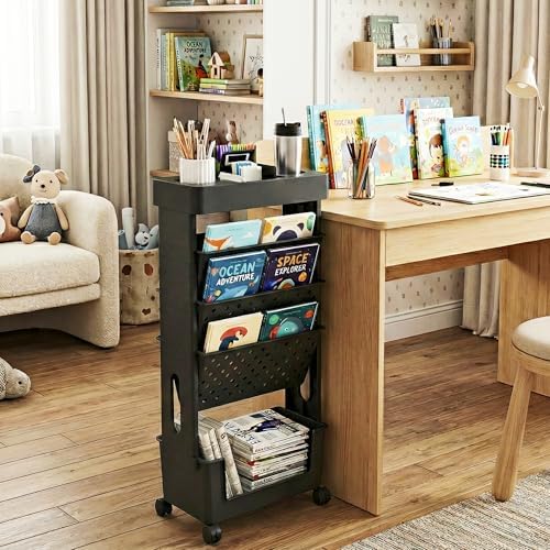 5-Tier Rolling Bookshelf Magazine Rack with Wheels Black