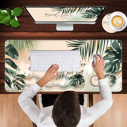 Keyboard Wrist Rest and Mouse Pad with Wrist Support Set Ergonomic Coaster,Memory Foam,Easy Typing Pain Relief,Large XL Desk Mat 31.5"x 11.8",Matcha Green Plant Abstract Bible Verse Psalm 46-5