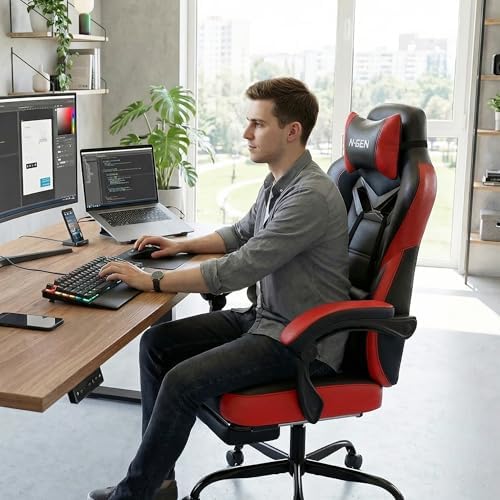 Gaming Chairs with Footrest, Big and Tall Gamer Chair with Headrest and Lumbar Support for Adults, Red