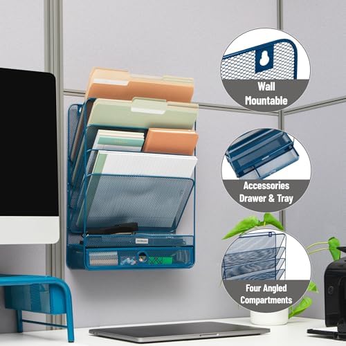 Mind Reader 4-Tier Vertical File Storage, Desktop Organizer, Wall Mount, Office, Metal Mesh, 12.5"L x 4"W x 16.5"H, Turquoise