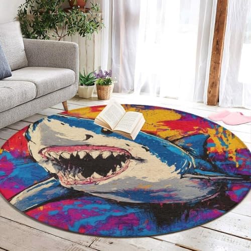 Home Decor Non Slip Kitchen Office Circle Rug, Machine Washable Modern Round Area Rug, Room Sofa Yoga Soft Round Carpet Cute Shark Graffiti Art, 36inch