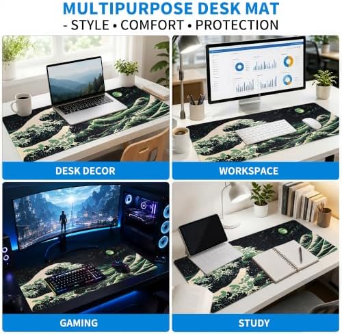 Extended Japanese Great Wave Desk Mat, XXL Large Gaming Mouse Pad, Moonlit Ocean Stitched Edges Waterproof with Non-Slip Rubber Base for Computer Keyboard Laptop Work Home Office 35.4"x15.7"