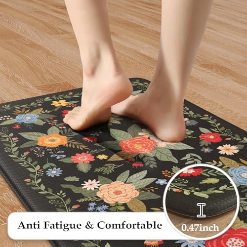KIMODE Kitchen Mats Cushioned Anti Fatigue,Black Floral Kitchen Rugs Set