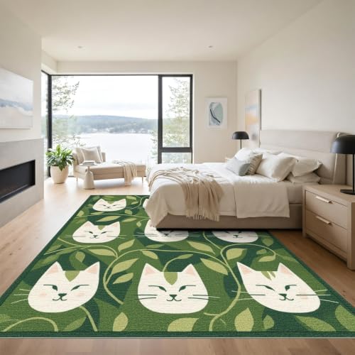 9'x12' Green Cat Forest Faces Interlinked by Washable Area Rug