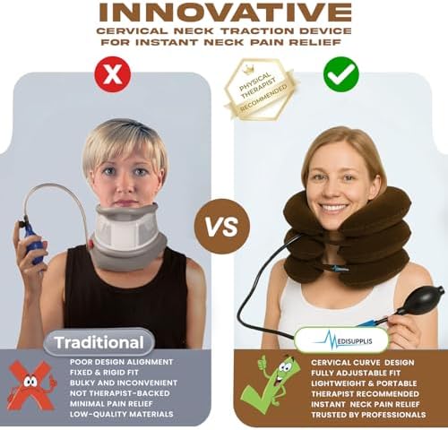Neck Stretcher for Instant Neck Pain Relief - Neck Support Brace Adjustable & Inflatable Cervical Neck Traction Device - Neck Decompression Devices for Home Use (Brown)