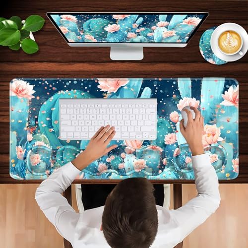 Keyboard Wrist Rest and Mouse Pad with Wrist Support Set Ergonomic Coaster,Memory Foam,Easy Typing Pain Relief,Large XL Desk Mat 31.5"x 11.8",Cute Cactus