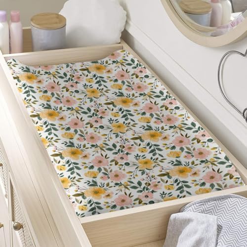 Spring Colorful Flowers Floral Leaves Baby Changing Pad Cover, Unisex Flowers Nursery Diaper Changing Table Pad Mat Sheet for Boys Girls-16x32