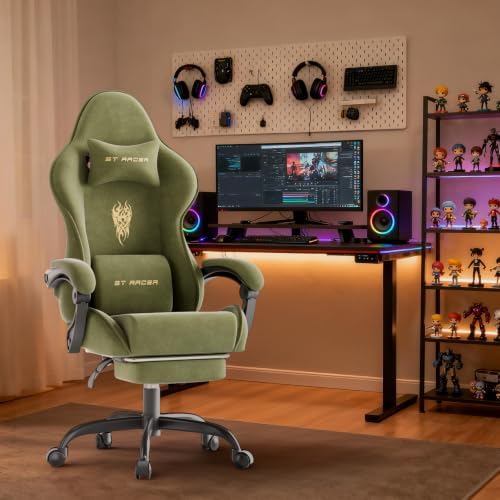Ferghana Ergonomic Velvet Fabric Gaming Chair with Embroidery Fire, Massage Lumbar Support & Retractable Footrest, Reclining Racing Computer Office Desk Chair for Adults, Green