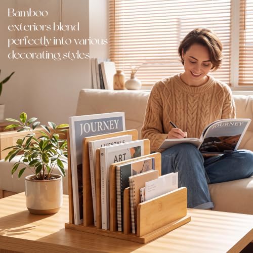 Gilprop 2 Pack 5 Slots Bamboo File Organizer, 7.9 × 7.78 × 9.5 Inches Desk Mail Organizer Countertop, Paper Letter Envelope Sorter Holder for Home Office Document Storage