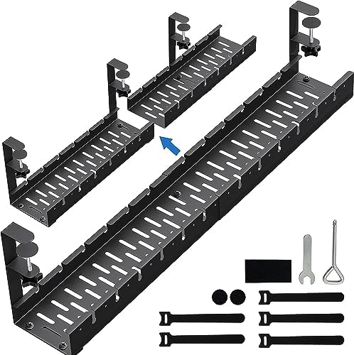 No Drilling Extendable Under Desk Cable Management, Metal Cable Management Tray Under Desk with Clamp, Retractable Power Strip Cord Holder for Wire Management 31Inch (2 Pack Extendable 31')