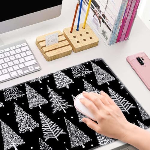 Gaming Large Mouse Pad with Stitched Edges, Christmas Tree Black White Leaf Circle Polka Dot Desk Mat, Extended Keyboard Pad, Non-Slip Rubber Base Desk Pad for Keyboard and Mouse, 31.5X11.8 inch