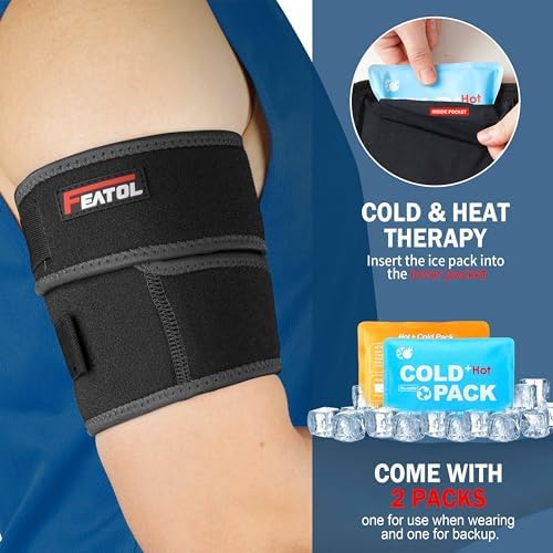 FEATOL Bicep Tendonitis Brace with 2 Gel Ice Packs, Upper Arm Brace Tricep Compression Sleeve Support Hot & Cold Therapy for Men and Women, Pain Relief for Muscle Strains,Inflammation (Black with 2 ice packs, X-Large)