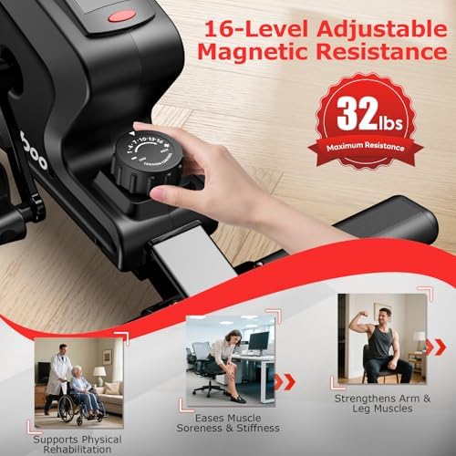 pooboo Under Desk Bike Pedal Exerciser, Quiet Magnetic Mini Exercise Bike with 16 Resistance Levels, Arm & Leg Workout, Resistance Bands & Non-Slip Mat for Home Office Therapy (Black-Silver)