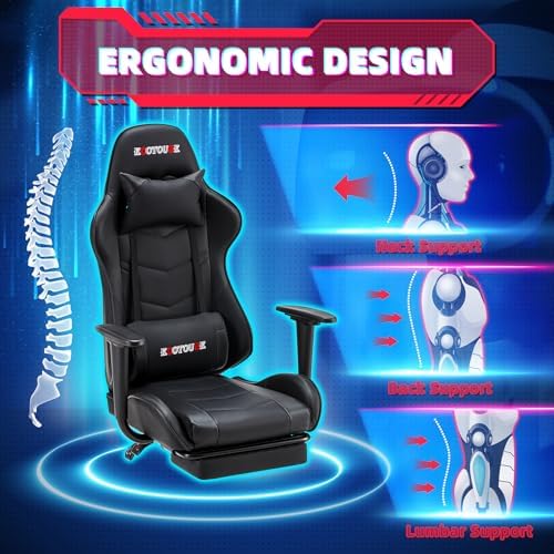 ECOTOUGE Black Ergonomic PC Massage Gaming Chair with Footrest