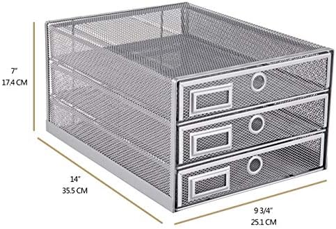Annova Desk Organizer Wire Mesh 3 Tier Sliding Drawers Paper Sorter/Multifunctional/Premium Solid Construction for Letters, Documents, Mail, Files, Paper, Kids' Art Supplies (Silver)