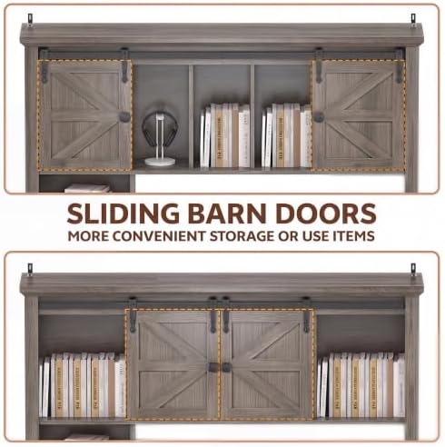 Large Desktop Bookshelf with Sliding Barn Door, 47.2''W Desk Shelf