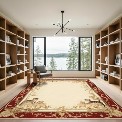 9'x12' Ivory Cat Crimson Motif with Swirls Washable Area Rug