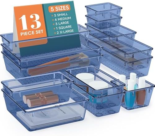 13 PCS Drawer Organizer Set, 5 Size Bathroom and kitchen organizer Trays