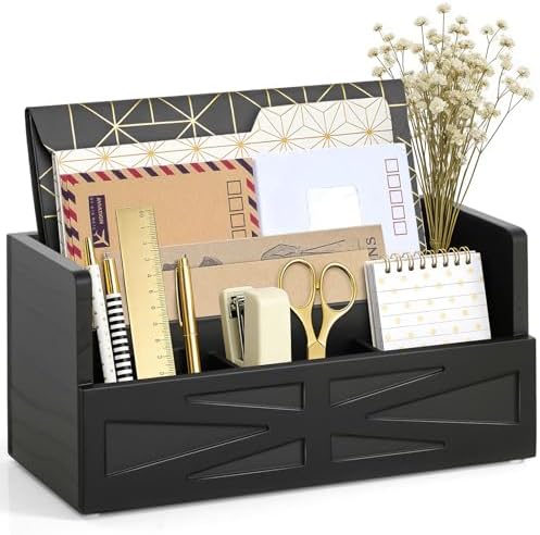 Mail Organizer Countertop, Wood Mail Holder Sorter for Desk, Rustic Bill Storage Organizer Box, Office Letter Basket for Document File Folder Paper Envelope (Black)