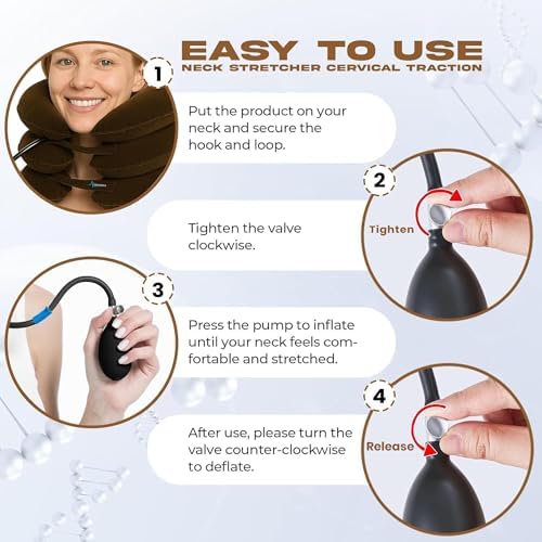 Neck Stretcher for Instant Neck Pain Relief - Neck Support Brace Adjustable & Inflatable Cervical Neck Traction Device - Neck Decompression Devices for Home Use (Brown)