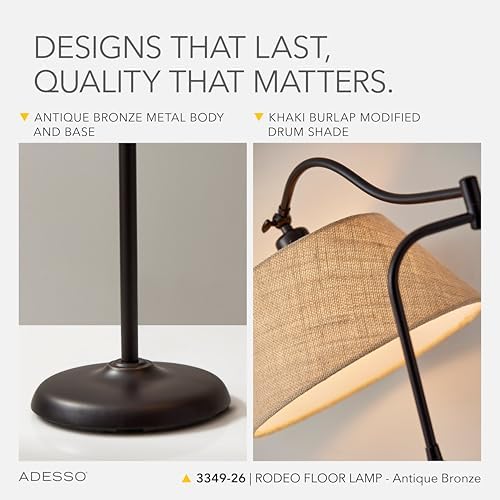 Adesso Floor Lamp, Antique Bronze & Khaki Burlap, 3-Way, 60.25”