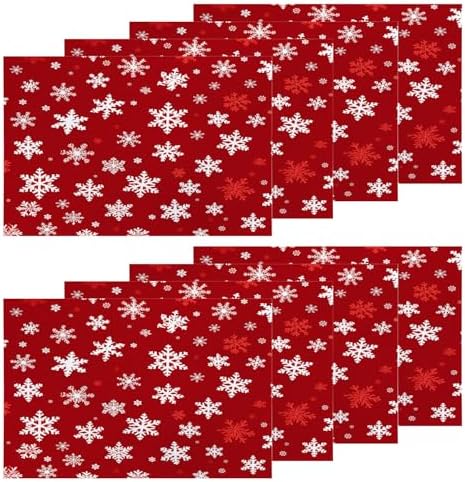 Shrahala Christmas White Snowflakes Set of 8 12 X 18 Inch Linen Placemats, Red Background Cute Burlap Table Mat Washable Double Layered Heat Insulation for Indoor/Outdoor