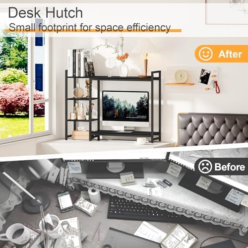 Snughome Adjustable Desk Shelf with Monitor Stand, 38.6" Desktop Organizer Hutch, Height Adjustable Computer Monitor Riser & 4 Tier Storage Bookshelf for Home Office Dorm, Black