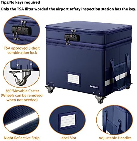 DocSafe File Box with Lock, 2-Layer Fireproof Document Box with Wheels,Collapsible File Storage Organizer with Pockets,Large Portable Office Filing Cabinet Hanging Folders,Blue,16''x13.8''x12.2''