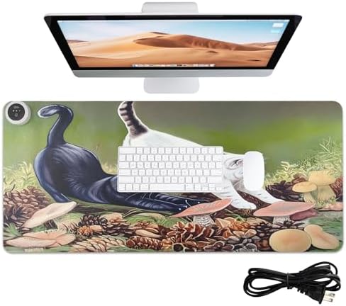 Cat Stretching Heated Mouse Pad Gaming Mouse Pad Waterproof PU Leather Mat Keep Your Hand Foot Warmer, 3 Heat Levels & Auto Shut-Off for Home Office 13x31.5 in