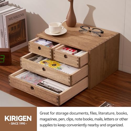 KIRIGEN Wood Desk Organizer with 4 Drawers, Desktop Storage, Brown 34-DBR