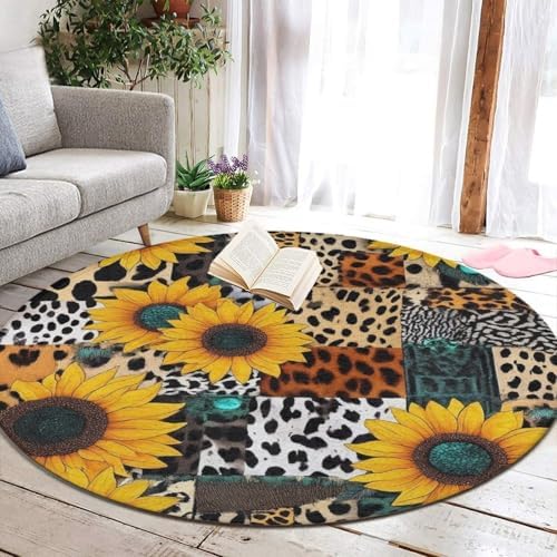 Room Sofa Yoga Soft Round Carpet, Home Decor Non Slip Kitchen Office Circle Rug, Machine Washable Modern Round Area Rug Retro Sunflowers Animal Leopard Print Art, 36inch