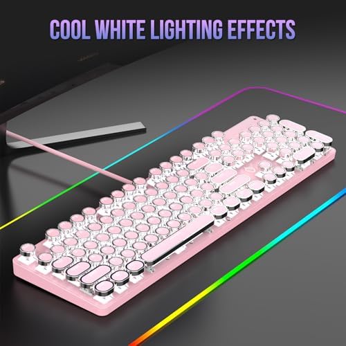 Typewriter Mechanical Gaming Keyboard with RGB Backlit Red Switches, 104 Keys Retro Round Keycap, Wired Typewriter Style Comfortable Typing Soud (Pink)