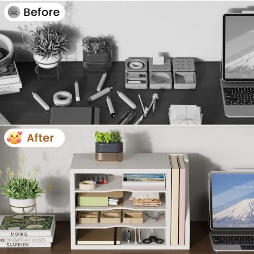 Creso hom Mail Sorter, File Organizer Desktop, Wood Desk Organizer with 3 Adjustable Shelves, Mail Holder for Office, Home, Letter Sorter File Holders for Envelopes, Mail Supplies Magazines, White